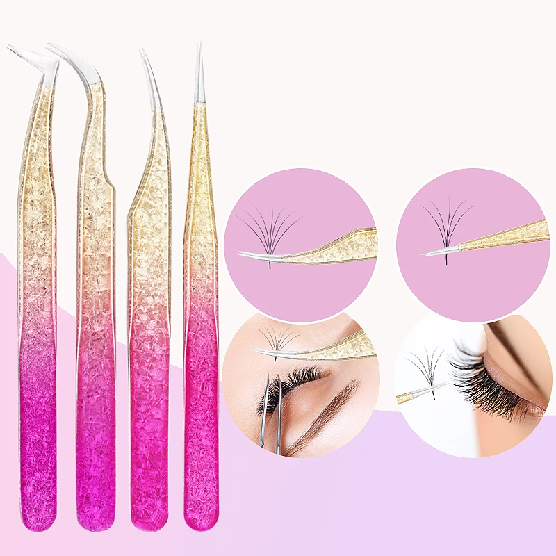 Eyelash Tweezers Pack Set Ice Flower Anti-static Grafting False 3D Lashes Extension Makeup Tweezer Storage Protective Box Tools