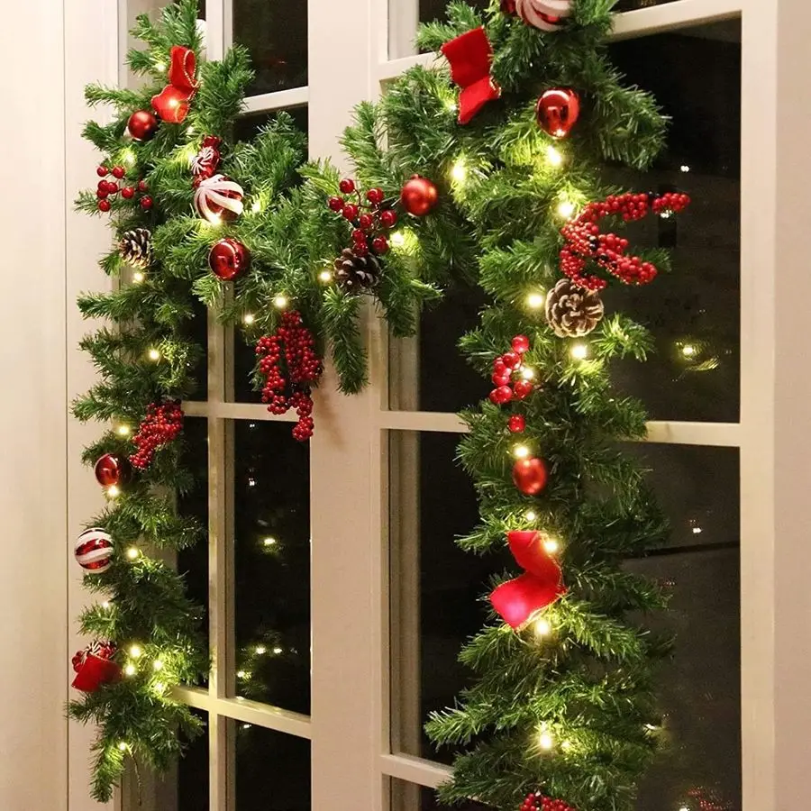 

9 FT LED Christmas Garland with Pinecones Red Berries Bows Christmas Balls Candies, MultiFunction Christmas Garland with 50 Warm
