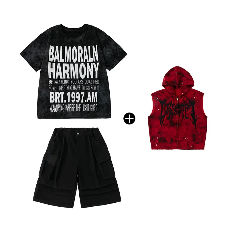 Neue Jungen Hip Hop Dance Kostüm Rot Mit Kapuze Weste Schwarz Shorts Gruppe Streetwear Fashion Jazz Bühne Leistung Rave Kleidung Sets