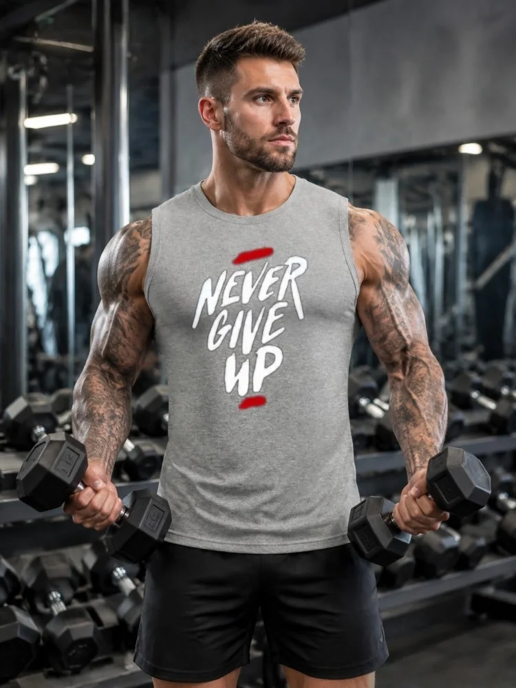 Never Give Up Printed Men's Running Tank Top - Non-Spotting Silk Sleeveless Shirt - Fitness and Sports Basketball Top