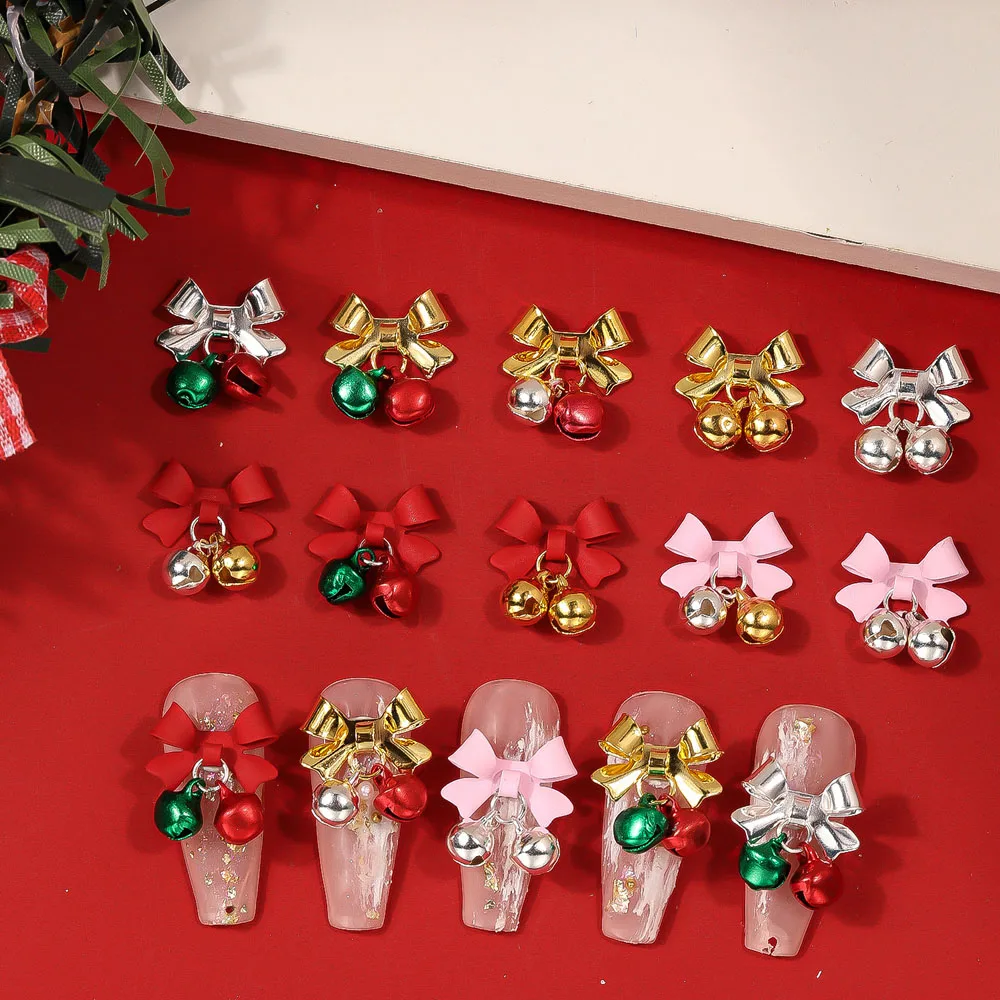 10Pcs Christmas Decoration Nail Art Charm 3D Luxury Bowknot Christmas Bell Jewelry Nail Ornament DIY Exquisite Nail Accessories