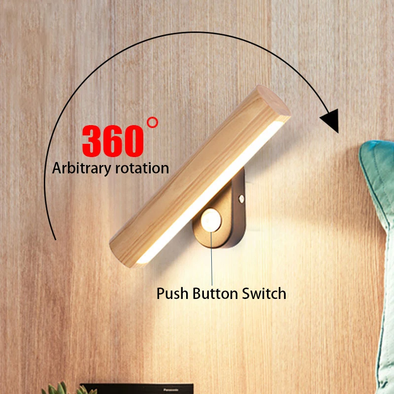 

Bedroom bedside lamp rotating solid wood with switch study living room backdrop hotel cafe LED86-220V wall lamp