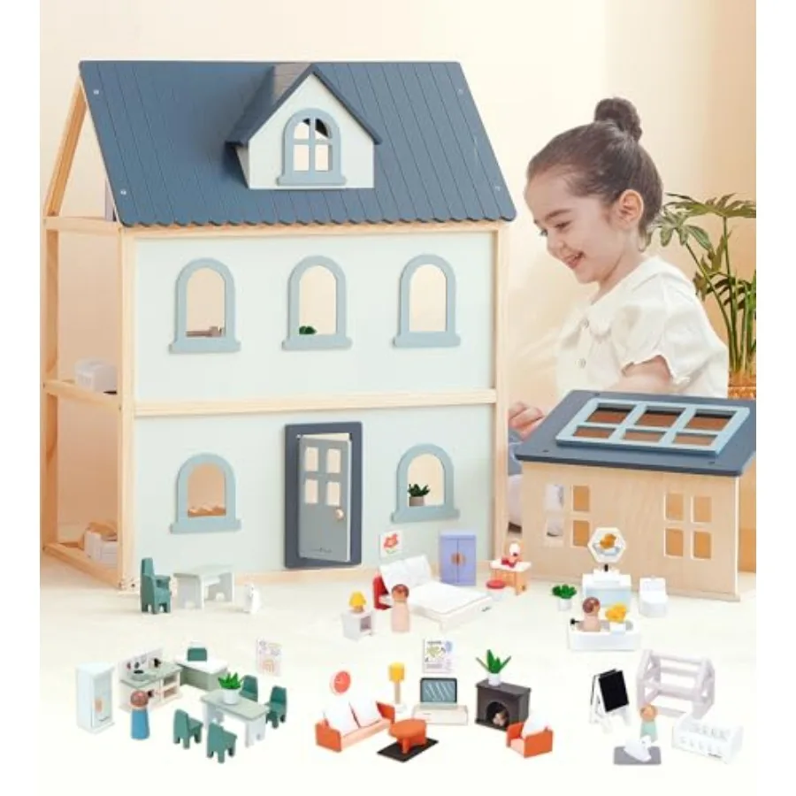 

Large Wooden Dollhouse, 3 Story Play House with 64 Pieces Furniture Accessories & Garage, Pretend Play Family Dollhouse Gift for