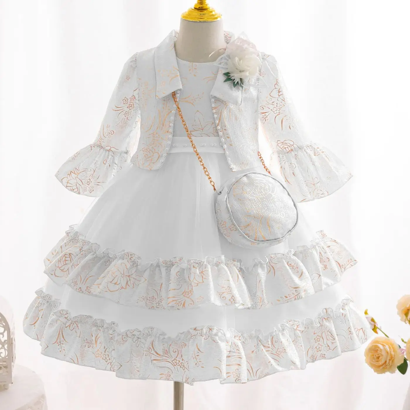 Girly Party Dress with Elegant Bag 3 PC Layered Children Girls' Clothes Elementary Student Kids Evening Dresses 3-8Y