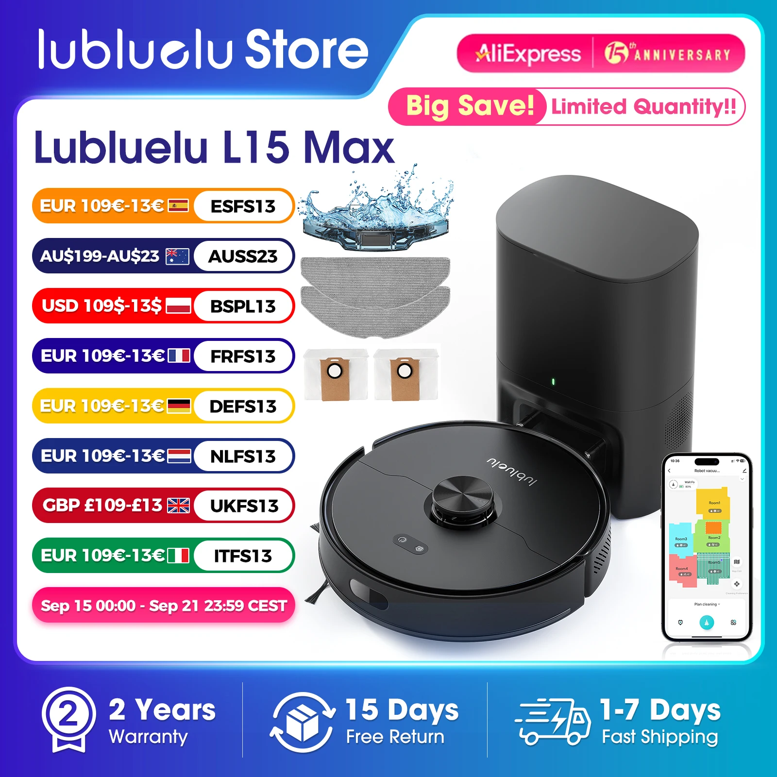 Lubluelu L15 Max Robot Vacuum Mop Combo 5500Pa Roboterstaubsauger mit automatischer Aufladung, 5 Karten, 24 No-Go-Zonen, 3-in-1-Roboterstaubsauger