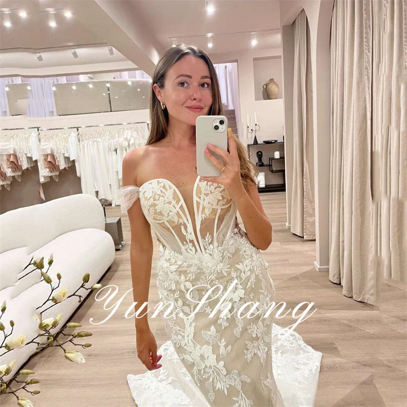 Yunshang elegante sereia vestido de casamento feminino aberto volta renda querida fora do ombro vestido de noiva novia personalizado