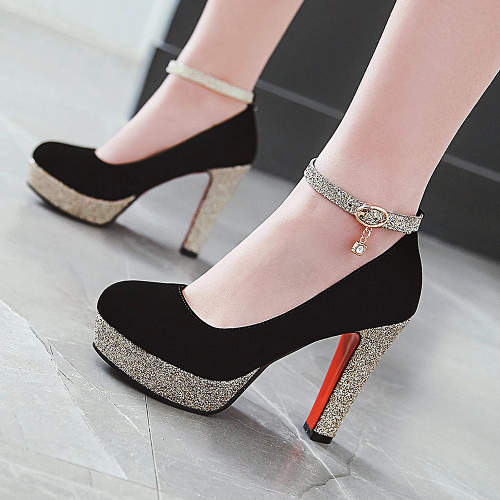 New Women Platform Pumps 12cm High Chunky Heels Sequined Round Toe Wedding Party Dress Shoe Gold Ankle Strap Ladies Danc Shoes