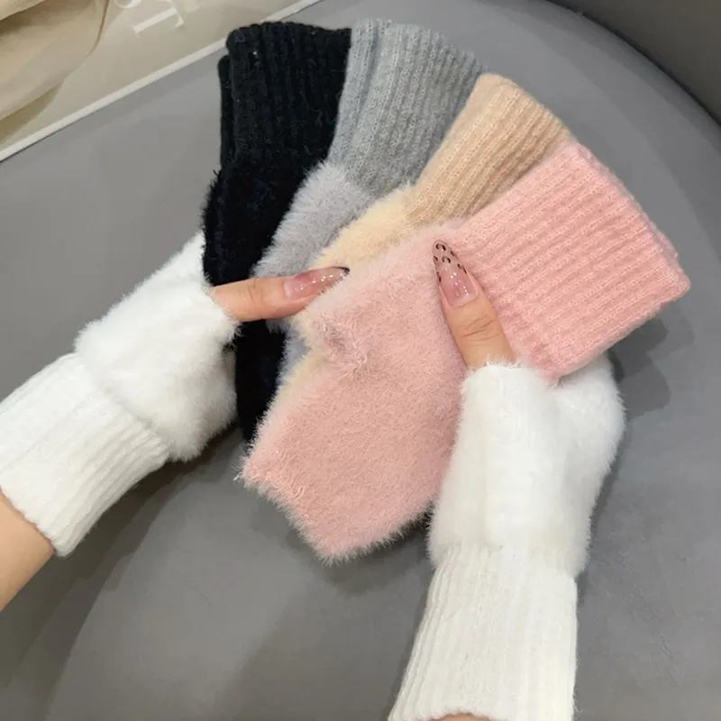 Mink Fleece Fingerless Gloves Women Warmth Winter Soft Plush High Quality Wrist Half Fingered Glove Working Studying Accessories