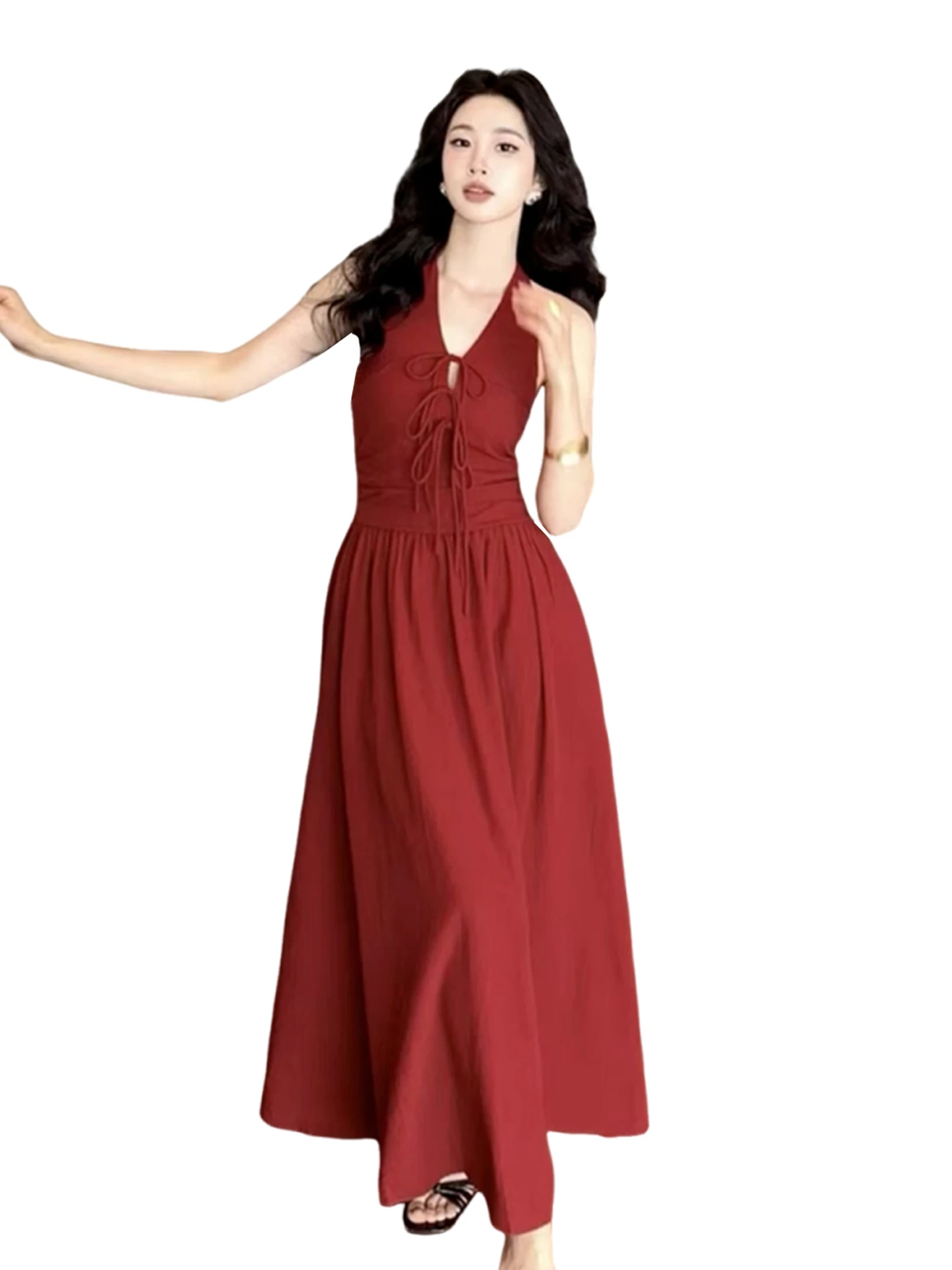 Rouge v-ne suspendu Ne Dr femmes été 2025 nouveau Design sensuel épicé taille couchée longue Dr doux japonais Sle