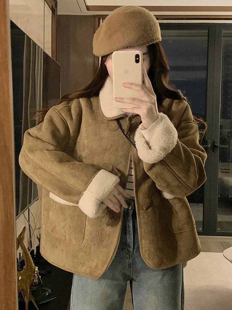 

Ретро-куртка из замши и овечьего меха в корейском стиле для женщин, осенне-зимняя новинка, приталенное пальто на пуговицах
