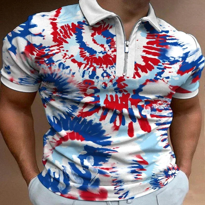 

4th Of July Tie-Dye Art 3D Print Polo Zipper Short Sleeve Shirt for Men