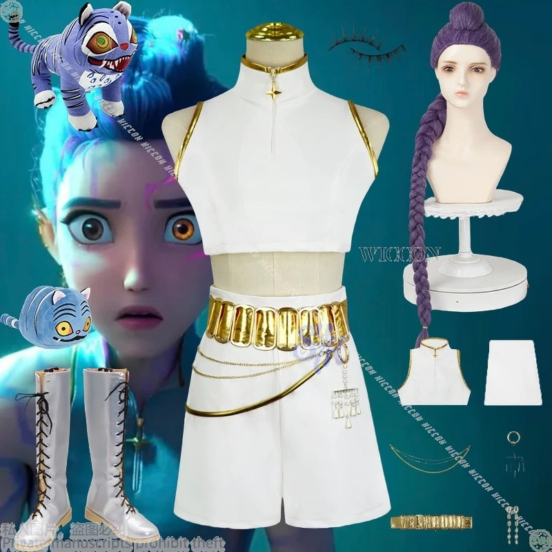 

Kpop Demon Косплей Корея Idol Huntrix ЗОЛОТАЯ сценическая форма Белый топ Сексуальное мини-платье Туфли Парики Татуировки Руми 코스프레 Аниме Хэллоуин