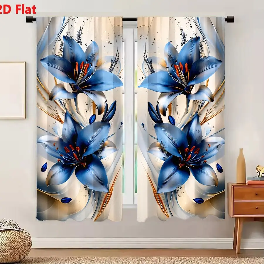 2Pcs Curtains 2D Flat Symmetrical Abstract Blue Lily Flowers With Orange Stamens On Creamy Beige Background Window Drapes for Be