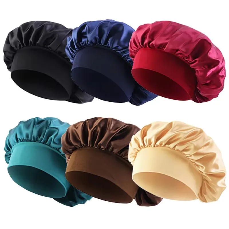 1Pcs Women's Satin Solid Bonnet Wide Brim Elastic Band - Unisex Night Sleeping Bathing Hair Care Cap for Hair Protection
