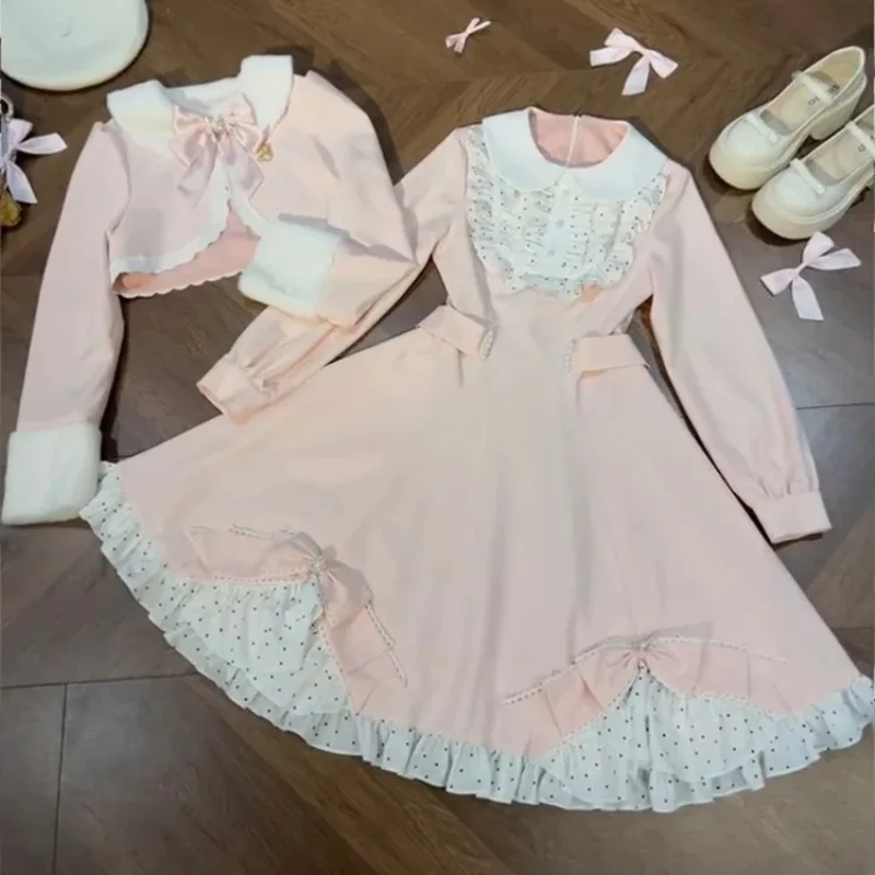 

Harajuku Kawaii милое платье с бантом для женщин + зимнее новое пальто с длинными рукавами, женские модные комплекты из двух предметов 2025 E-girls Y2k