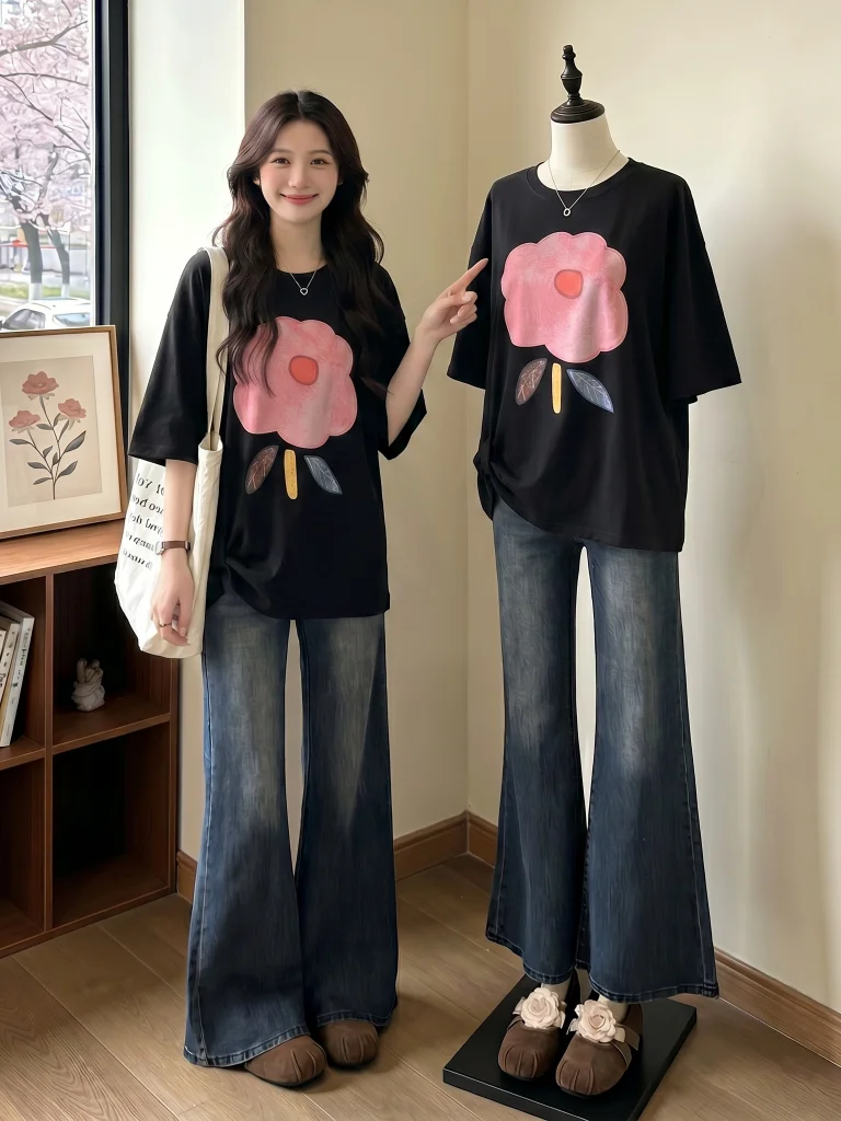 Floral Design Short Sleeve Women's T-shirt Shoulder Width Regular Summer New Style plus Size Loose Slimming Korean Version