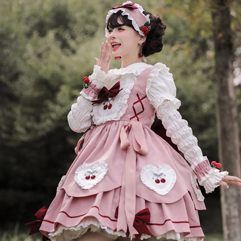 Vermelho cereja kawaii lolita vestido feminino arco xadrez doce bonito festa mini vestido feminino francês vintage suspender vestido 2023 verão novo