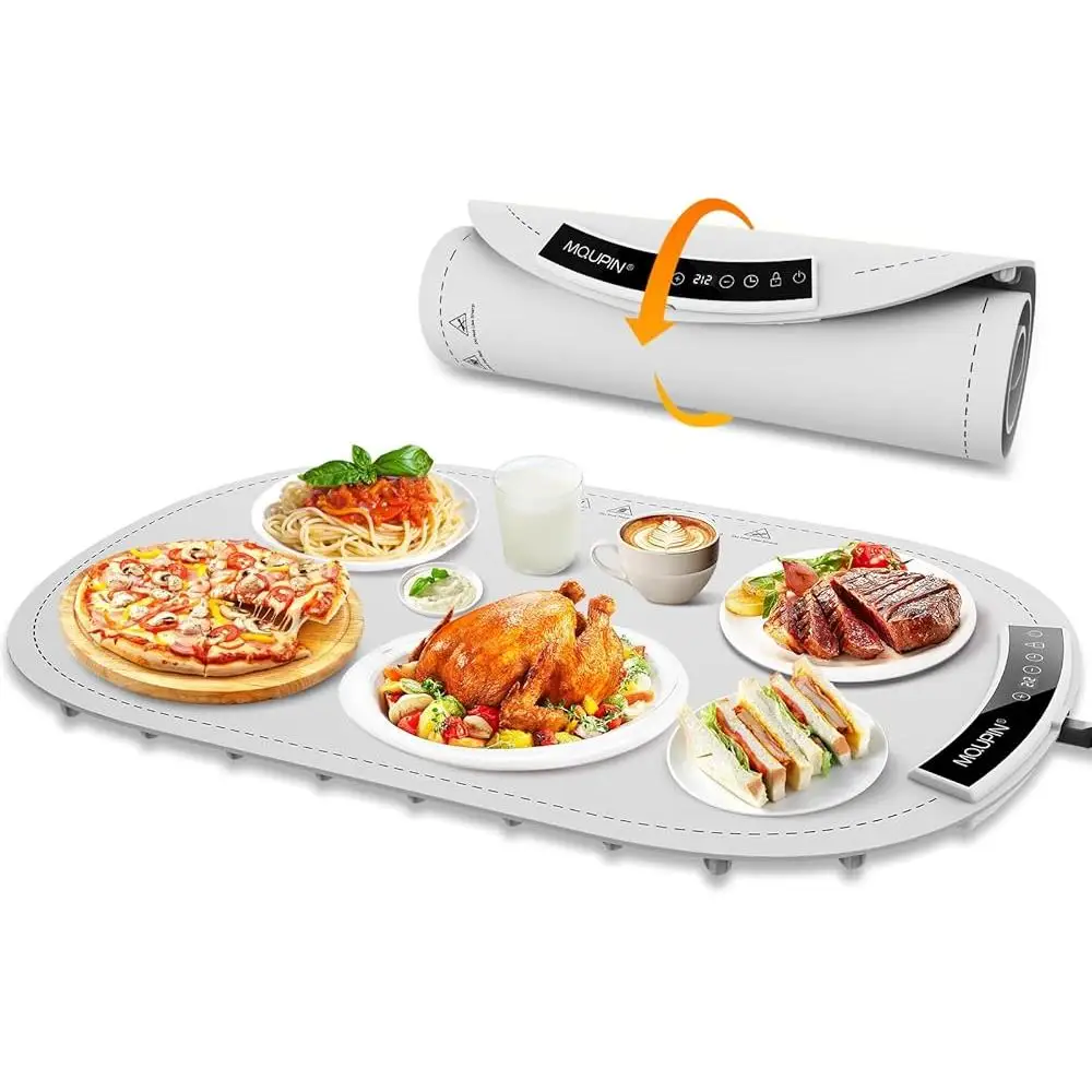 Electric Food Warming Mat with 7 Temp Settings 1-4H Timer Child Safety Lock Full Surface Heating Efficient Food Warmer Parties