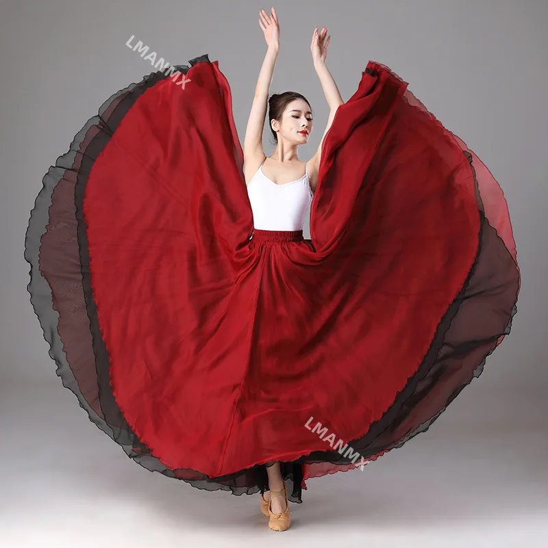 Chinese Classical Ethnic Dance Training Dress Performance Long Skirt Double Layer Elastic Waist Large Swing Skirt