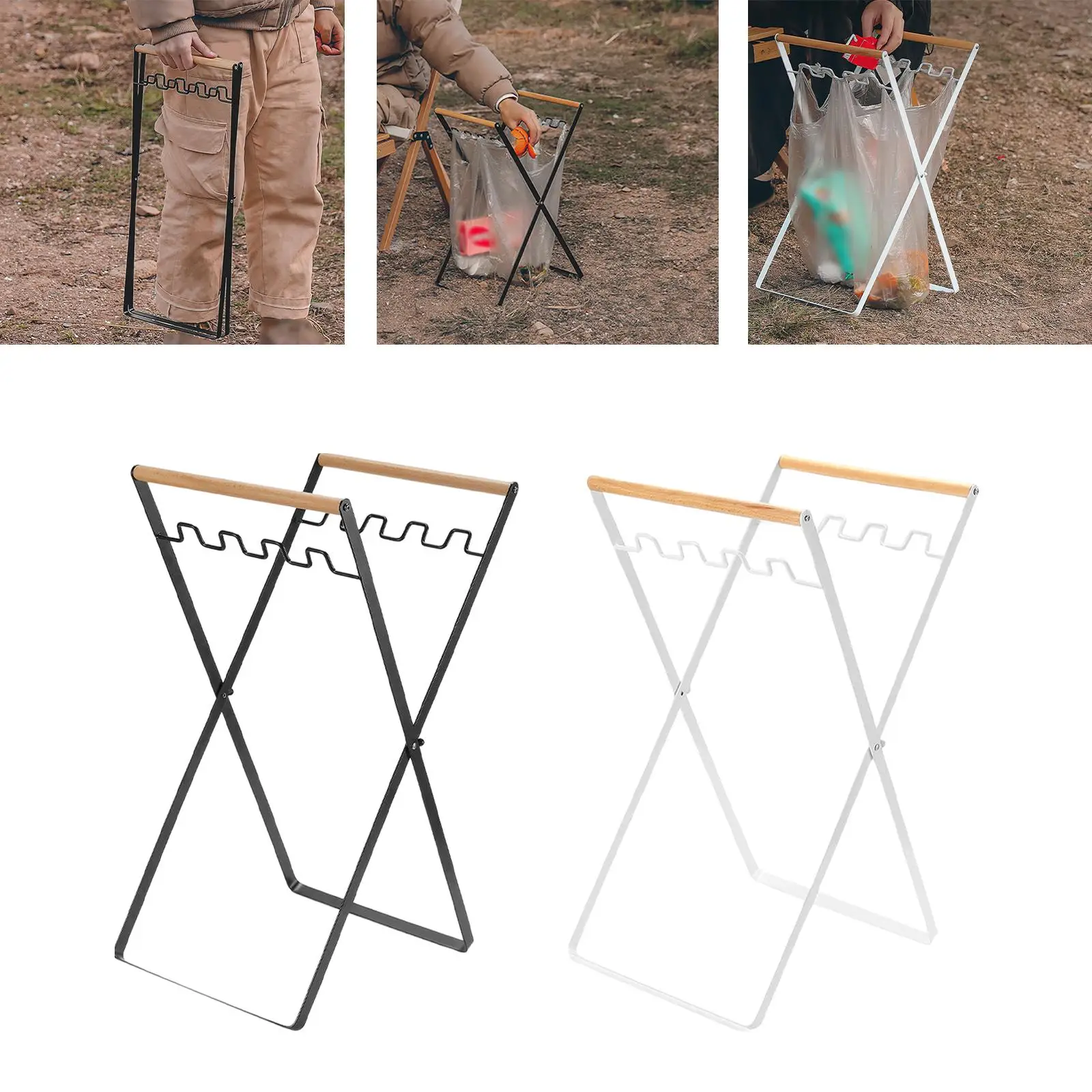 Folding Trash Can Stand Trash Rack Metal Frame Support Garbage Bag Holder Leaf Bag Rack for Kitchen Yard Outdoor Camping