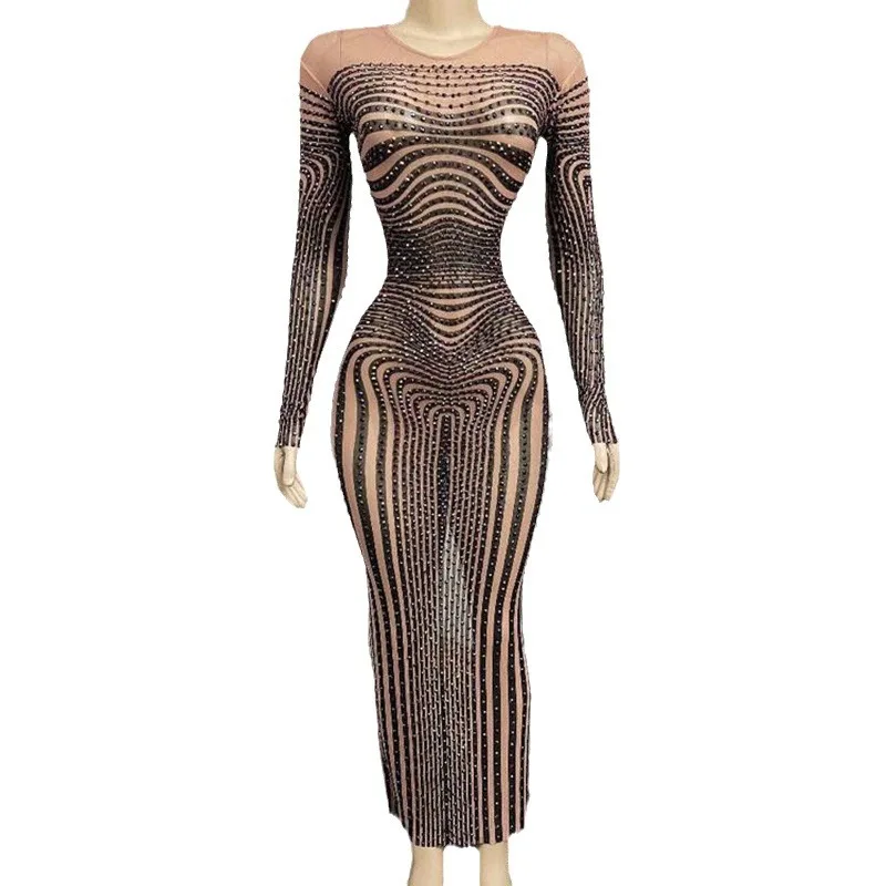 

Sexy Mesh Perspective Sparkling Sequins Diamond Dinner Dress Stylish Elegant Atmosphere Black Birthday Dresses Luxury Rhinestone