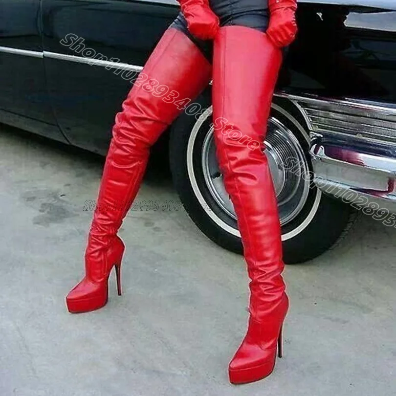 Red Platform Matte Leather Boots Stiletto Pointed Toe British Style Spring Fashion Women Dress Party Boots Zapatos Para Mujere