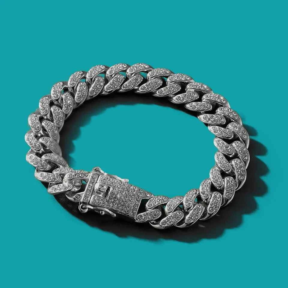 Pulsera de Cadena Cubana HipHop para Hombre y Mujer, 13MM, con Incrustaciones de Diamantes de Imitación en 2 Filas, Estilo Miami, Joyería de Cadena Cubana con Diseño de Rombo