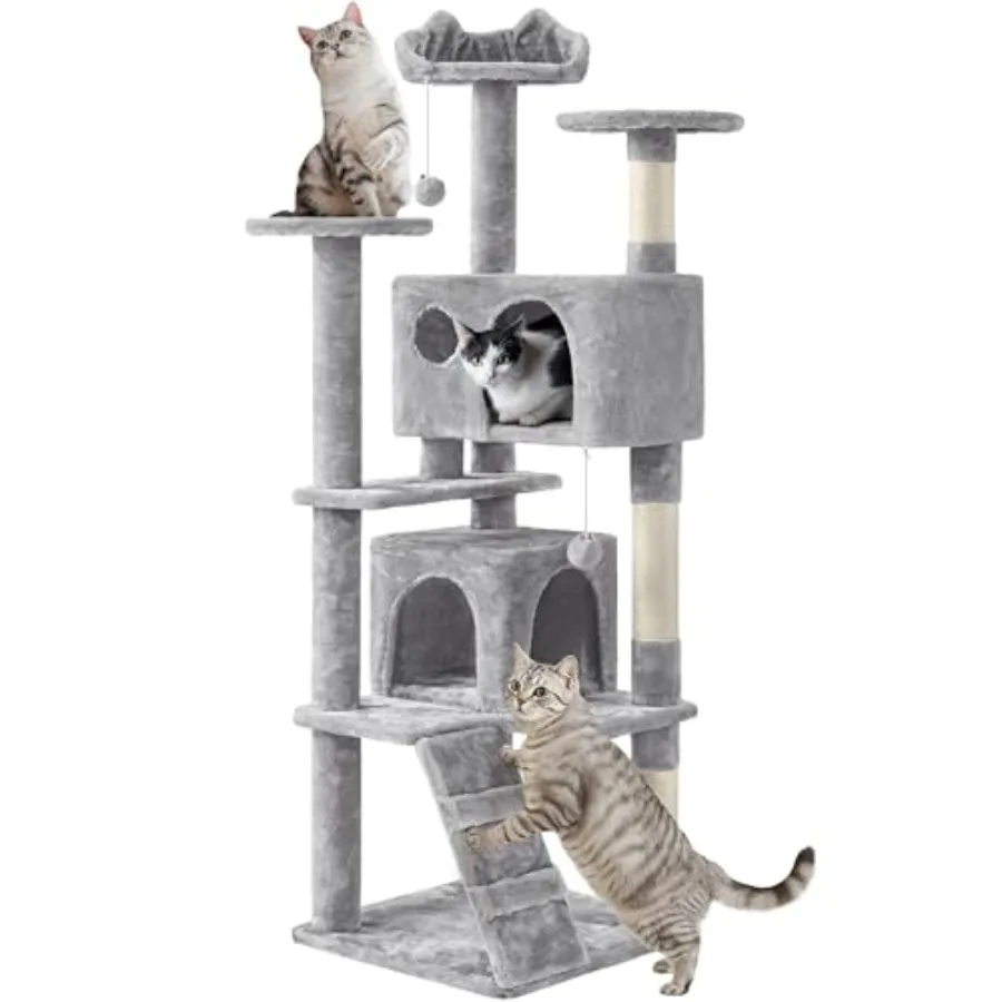 Cat Tree Tower, Double Condo, Multi Platforms, Scratch Posts Multi-level layout, plush balls, easy assembly, anti-wobble base,