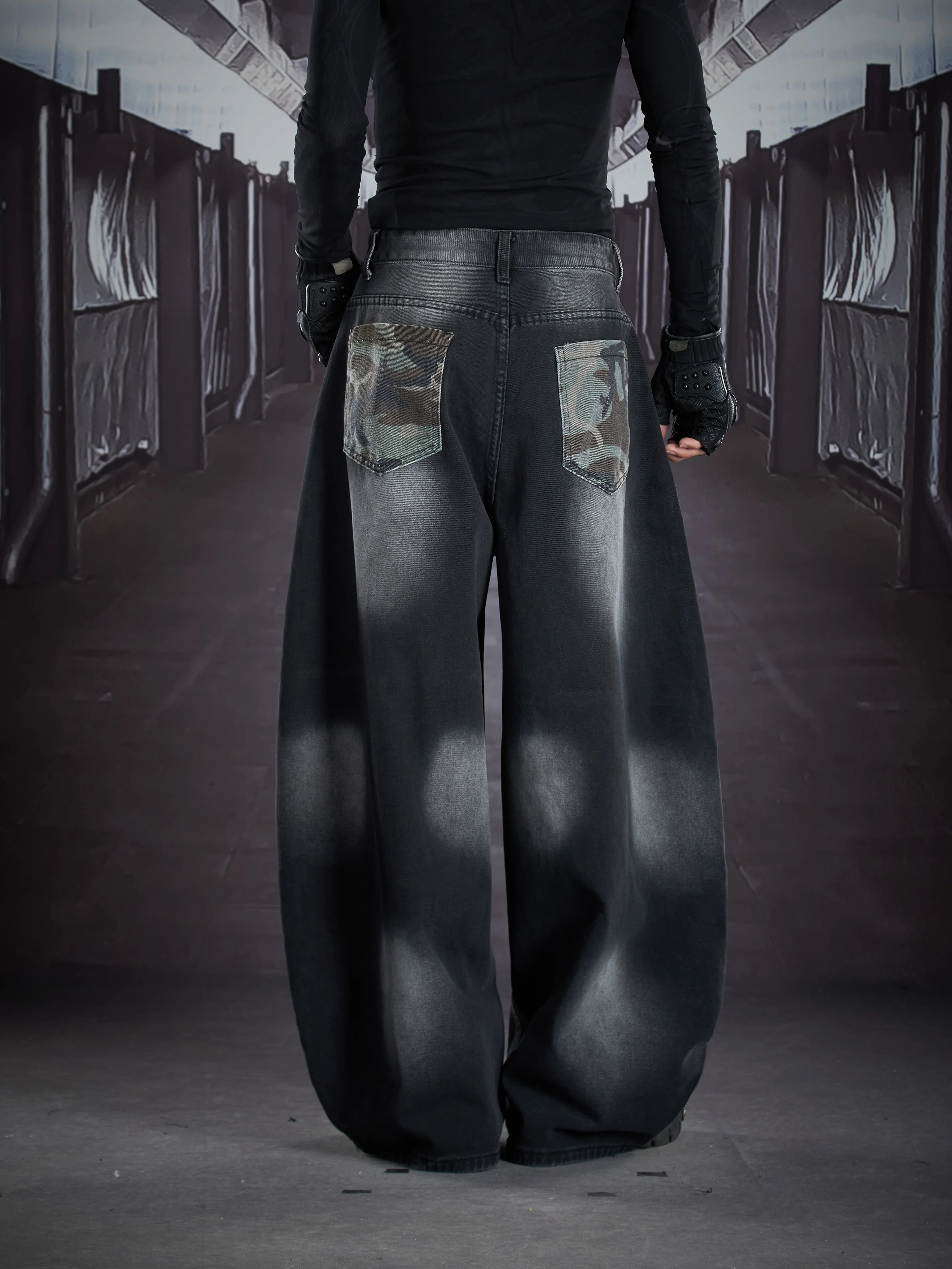 Special-Interest Design New Washed and Worn Graffiti Stitched Camouflage Wide Leg Machete Jeans Trousers Mid Waist Men Women