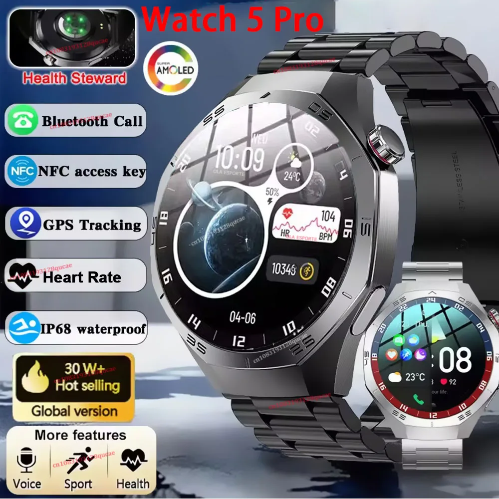 Watch 5 Pro New Men's Smartwatch 1.52'' AMOLED Screen Health Tracker Bluetooth Call Voice Assistant GPS Sports Smartwatches Ht22