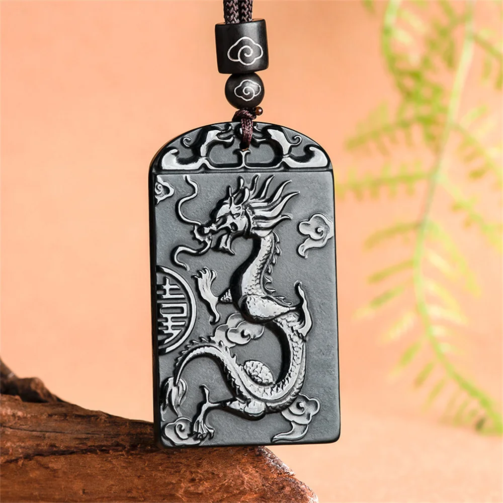 Natural Black HeTian Jade Carved Chinese Dragon Phoenix Pairs Lucky Pendant Amulet Necklace Certificate Luxury Jade Jewelry