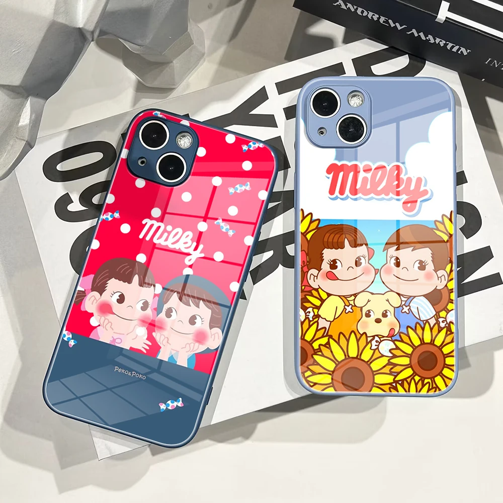 For Iphone 14 INS Lovely Cartoon Fujiya Peko Milky Girl Boy Phone Case Glass 14 13 Pro Plus X MAX XR XS MINI Stained Glass Cover