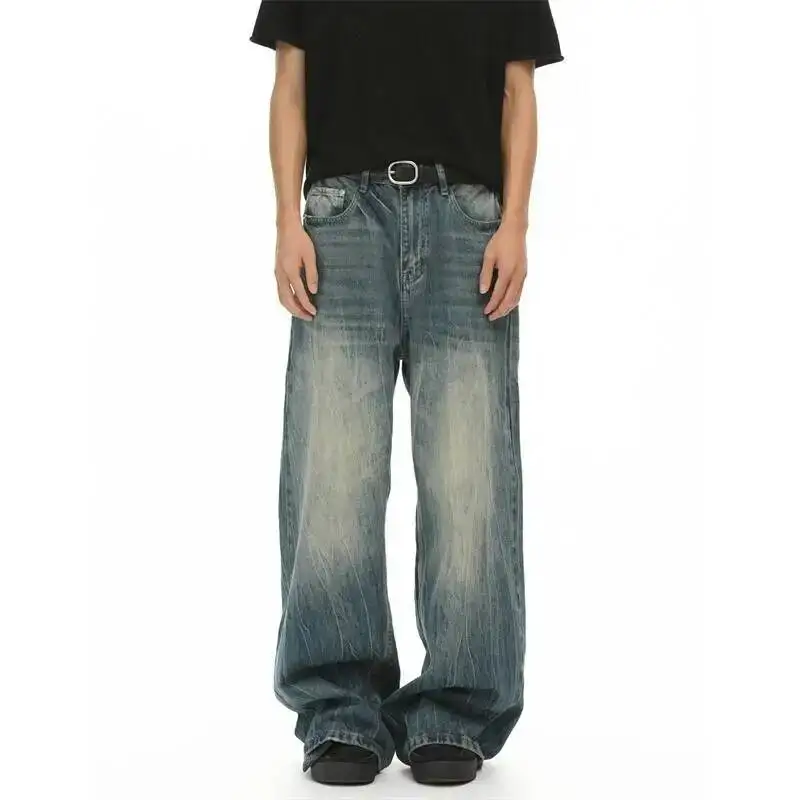 Men's Cleanfit WideLeg Jeans With Drape Effect Lightning Cracks Fashion Distressed Washed Blue Denim Long Pants 000A