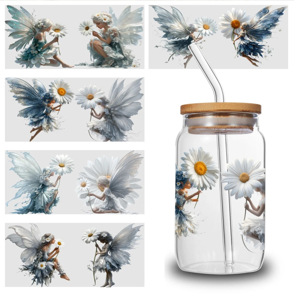 5 Blatt Fairy Daisy UV DTF-Aufkleber, geeignet für 16 oz Glas, wasserfeste Aufkleber, Tassendekoration