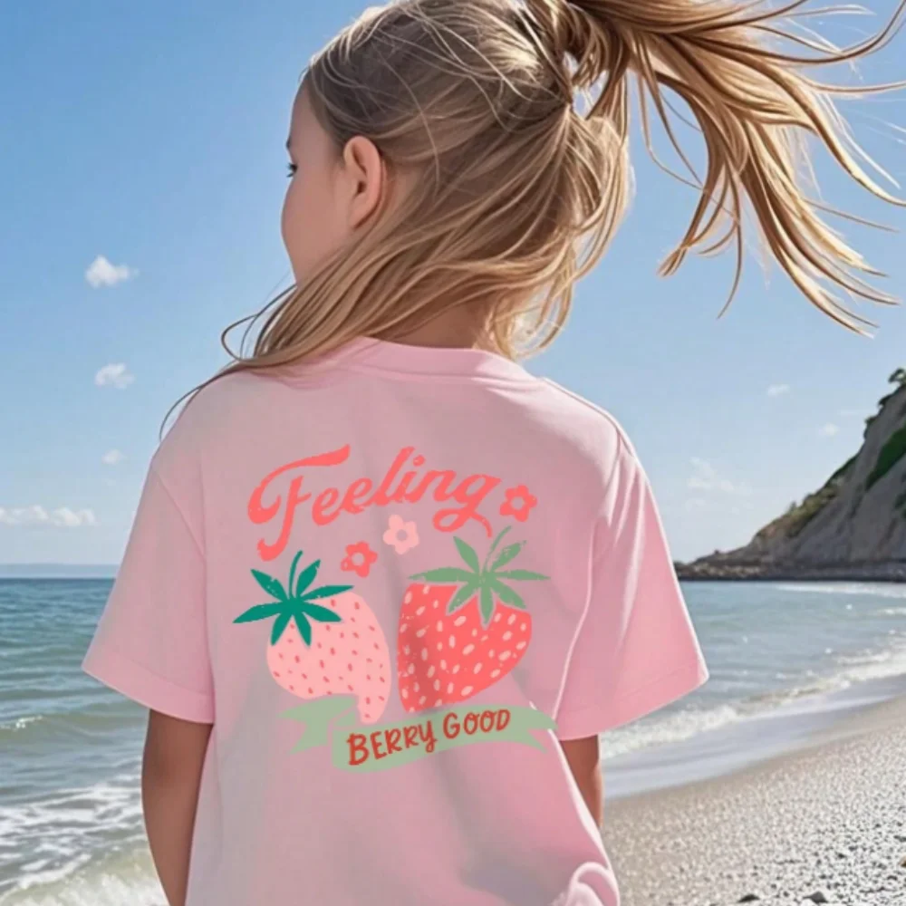 Cotton T-Shirt Girls & Teens Pink Printed Casual Crew Neck Short Sleeve T-Shirt, Summer Top