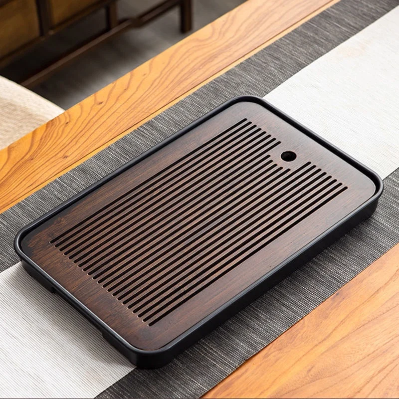 Portable Bamboo Kung Fu Tea Set Tray with Grid Disk - Quick Drainage Dual Use Household Tea Tray for Wet And Dry Storage