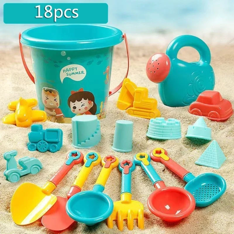 

18PCS Summer Beach Set Toys for Kids Digging Sand Plastic Bucket Watering Bottle Shovels Children Beach Water Game Toys Tools