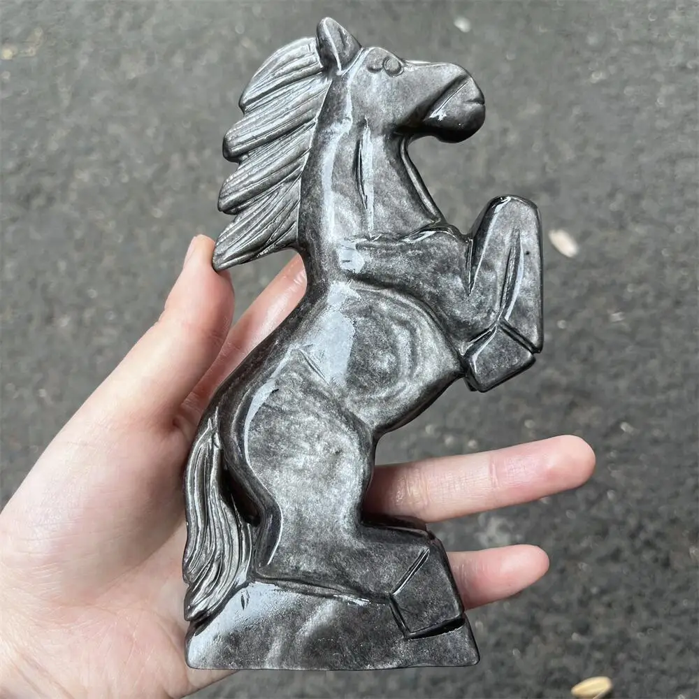 1PCS Natural Silver Obsidian Horse Carving Fashion Gemstone Home Decor Healing Crystal Artwork Birthday Gift