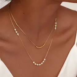 Trend Elegant Imitation Pearl Bead Double Layer Stacking Necklace for Women Stainless Steel Hammer Chain Necklace Jewelry Gift