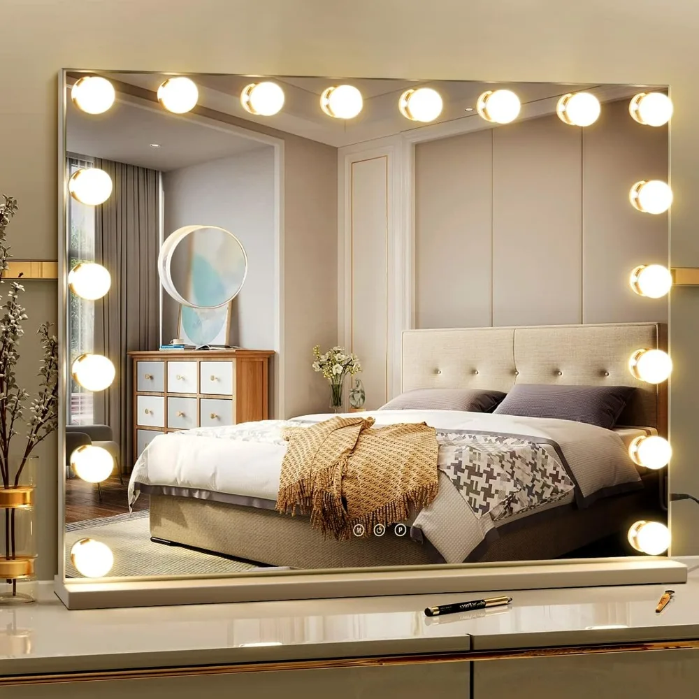 Vanity Mirror with Lights, 28 X 22 Inch Large Makeup Mirror with 18 Dimmable Bulbs, 3 Color Modes and Touch Control