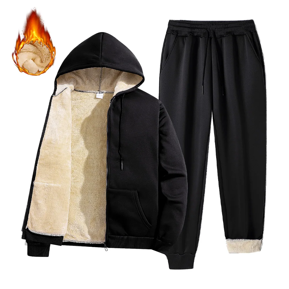 ملابس رياضية رجالية شتوية من صوف امبسوول سترات دافئة بقلنسوة وسحاب + سراويل طويلة سميكة قطيفة طقم مكون من قطعتين ملابس رياضية خارجية للرجال