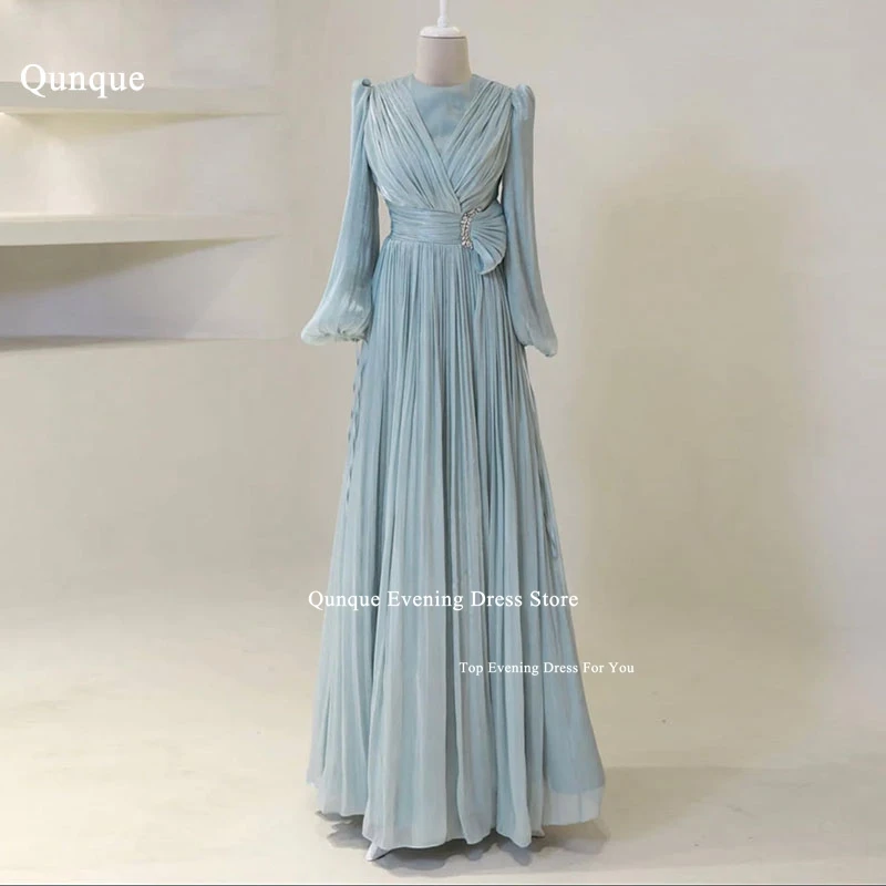 

Qunque Modern Black Evening Dresses High Neck Chiffon Long Prom Dress Full Sleeves Pleat Vestidos Para Fiesta De Lujo Customized