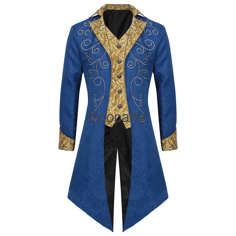 Mens Medieval Victorian Tuxedo Jacket Blue Jacquard Fabric Steampunk Prince Cosplay Costume Halloween Party Renaissance Overcoat