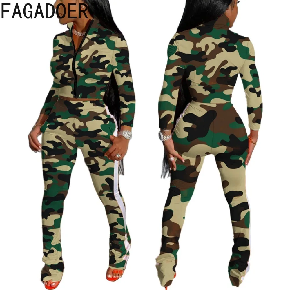 

FAGADOER Fashion Camouflage Print Jogger Pants Two Piece Sets Women Zip Long Sleeve Crop Top And Pants Outfits Female Tracksuits