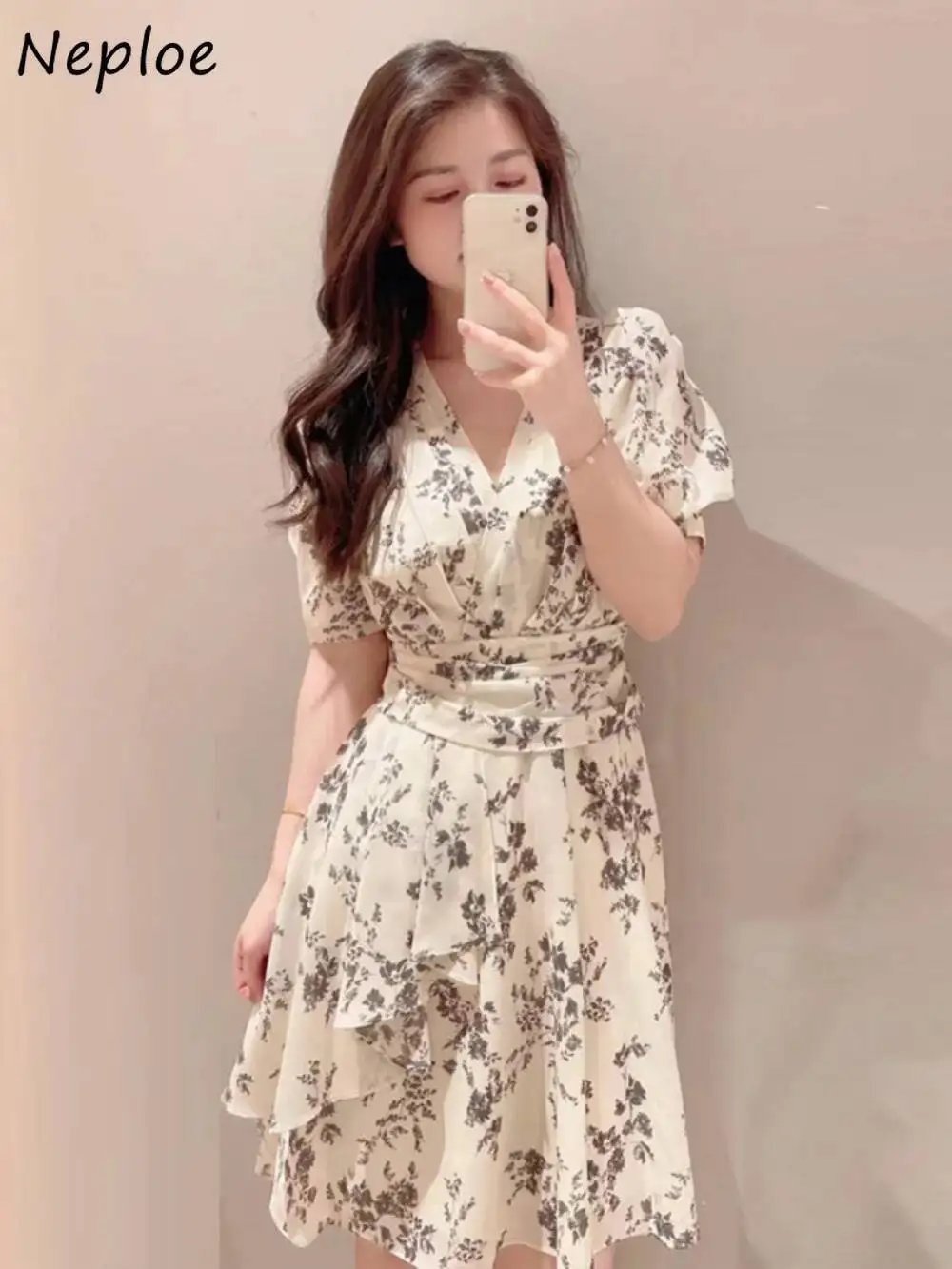 

New V Neck Puff Sleeve Waist Robe Irregular Print Ruched Casual Sweet Dress Japan Moda Fresh Slim Elegant Vestidos