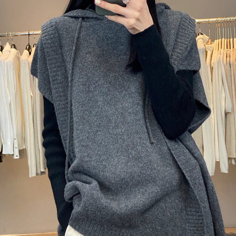 100% Pure Wool Vest Casual New Solid Color Knitted Women\'s Hooded Sleeveless Sweater Loose Pullover