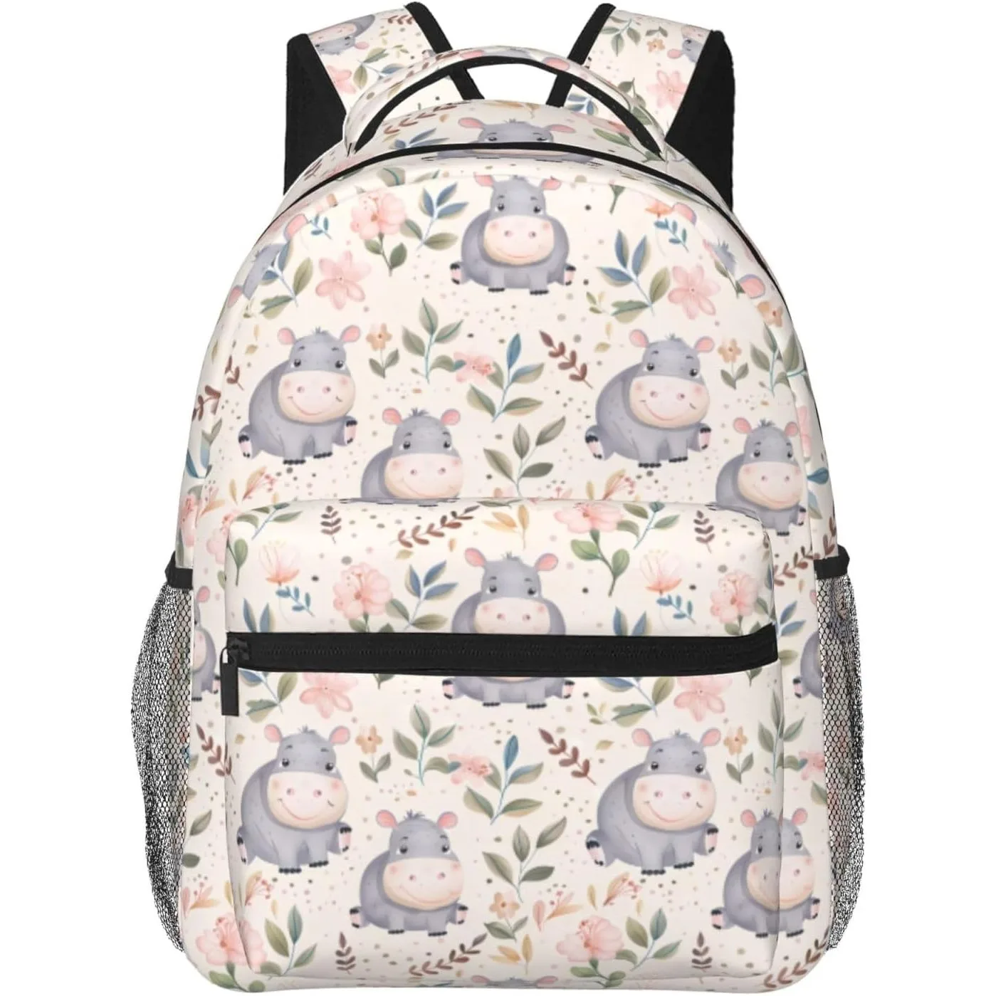 Cute Hippo Floral Backpack for Laptop Tablet Flower Animal Back Pack for Travel School Work Ideal Gifts for Teens Travel Hiking