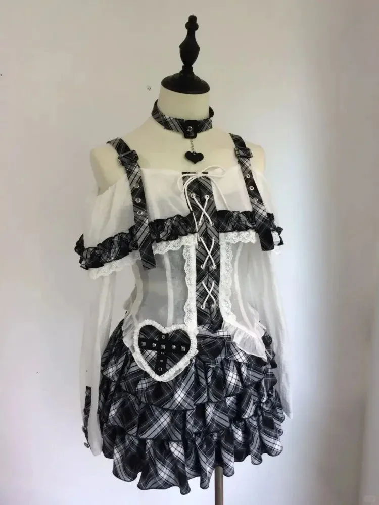 

Japanese Two Piece Sets Women's Clothing Slash Neck Lace Bandage Blouse A-line Plaid Sweet Mini Skirt Suit Fashion Y2k Outfits