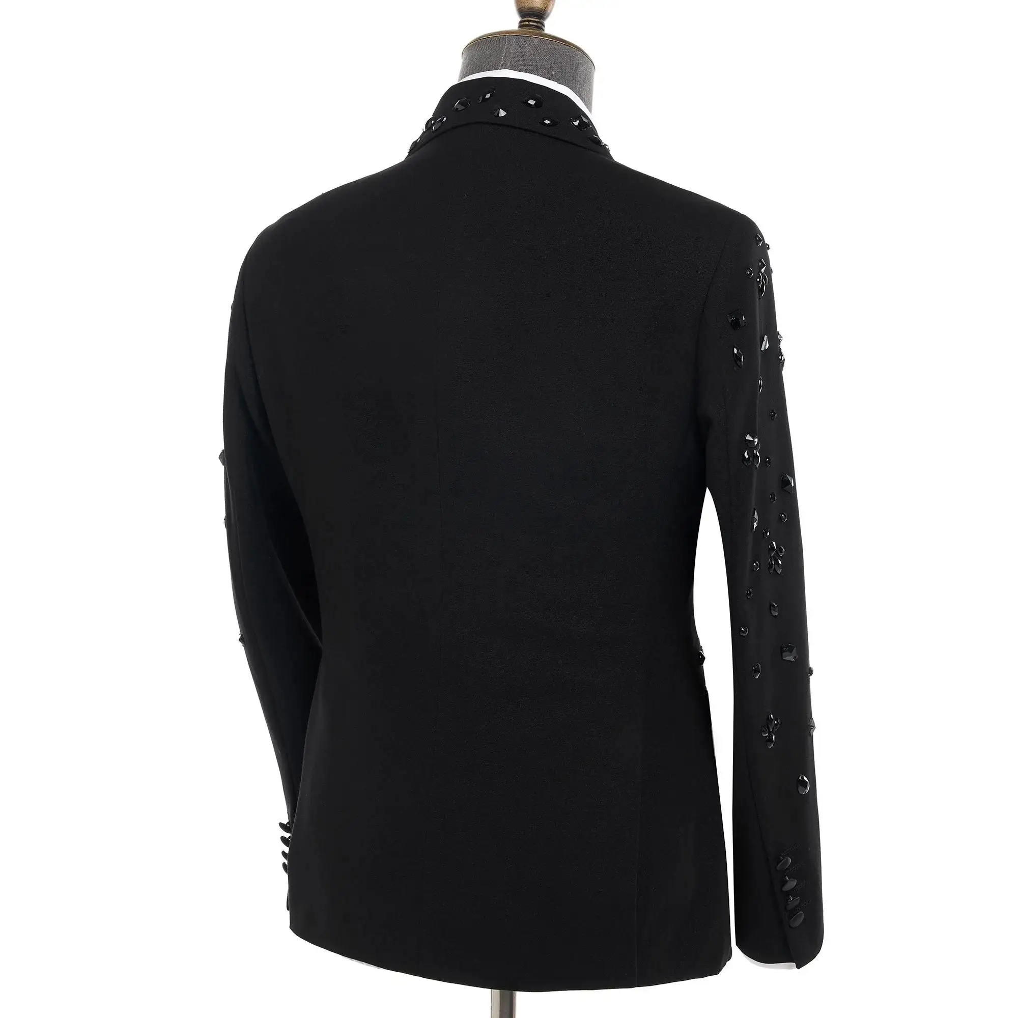 Handsome Black Crystals Wedding Suit Set Elegant Men's Suit Stylish Double Breasted Peak Lapel Jacquard Clothing Customized Suit