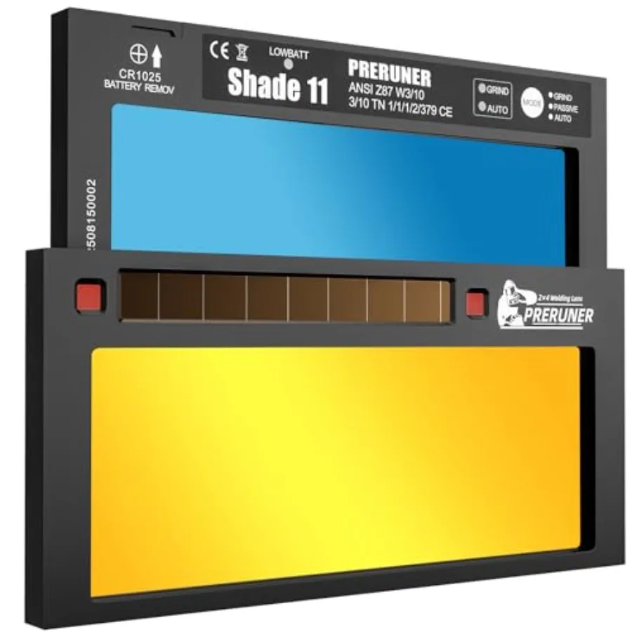 Lente de soldadura de oscurecimiento automático de serie ajustable, 2" x 4 1/4" x 0.24", con revestimiento dorado y vista de piscina de luz azul fría, 3 modos: Pulido/Pasivo